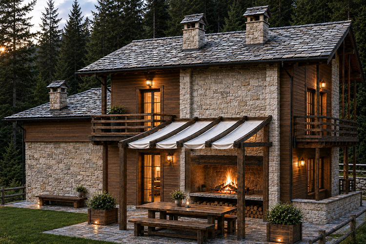 Progetto di casa in montagna in pietra a spacco, doghe in legno minimaliste e tetto in piode. Uno chalet alpino contemporaneo con portico, barbecue e spazi esterni accoglienti.