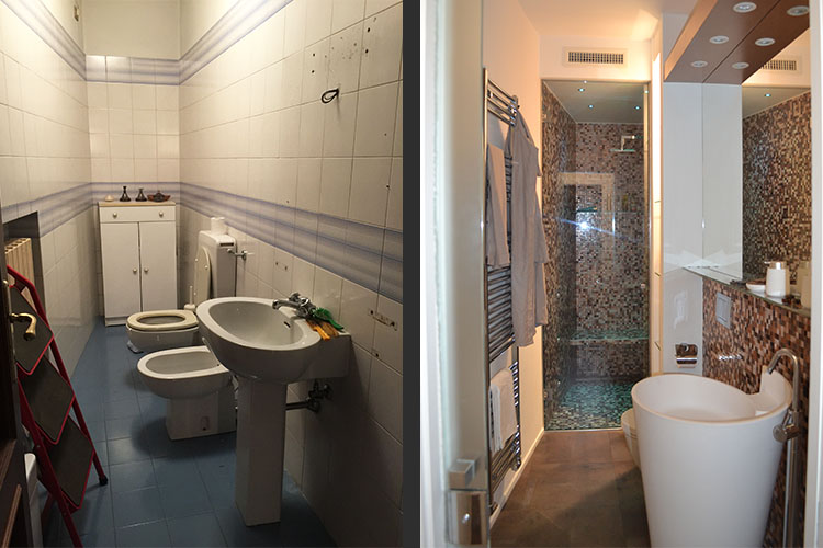 Bagno effetto spa con mosaico nei toni caldi, illuminazione integrata e doccia walk-in in vetro.