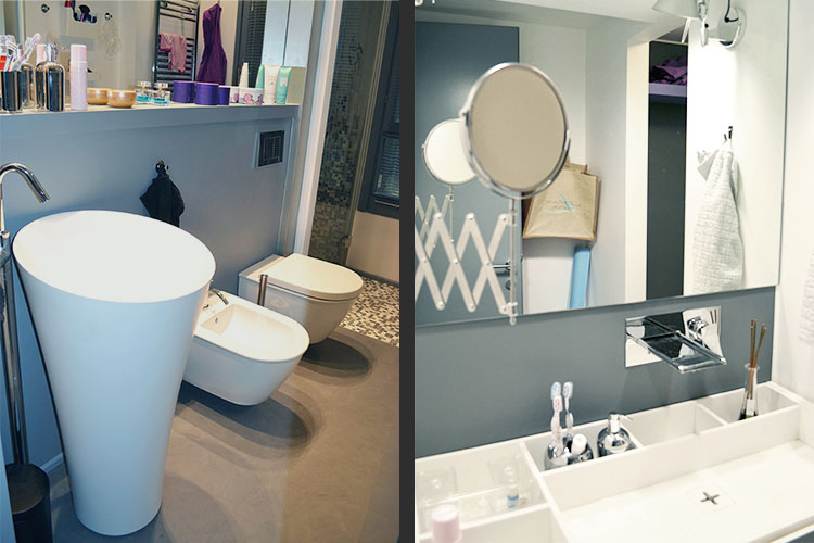 Bagno moderno con lavabo bianco e sanitari sospesi