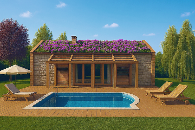 Tiny House sostenibile con green roof, piscina, portico in legno e giardino.