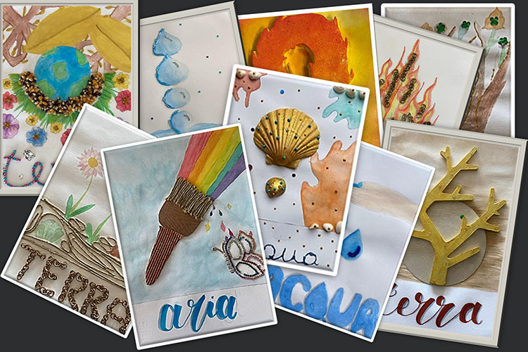 Tavole artistiche dedicate ai quattro elementi naturali, realizzate dagli studenti attraverso tecniche miste, disegno, colore e materiali decorativi.