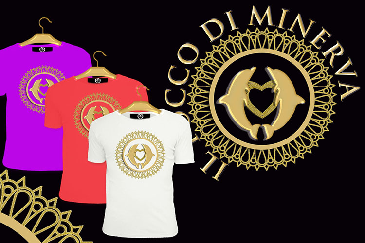 Grafica per t-shirt estive con delfini, mandala solare e dettagli oro
