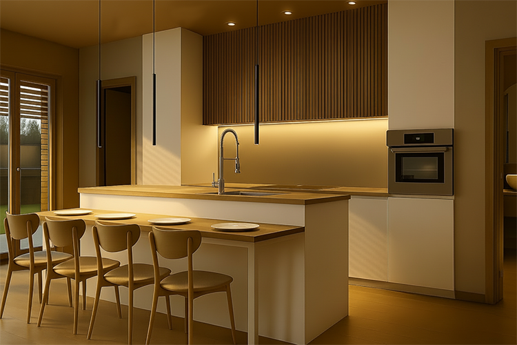 Cucina open space in Tiny House sostenibile con arredi in legno e luce calda.