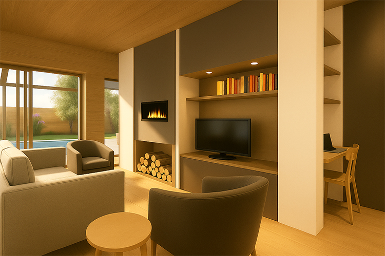 Soggiorno Tiny House con camino, angolo studio e vista sul giardino.
