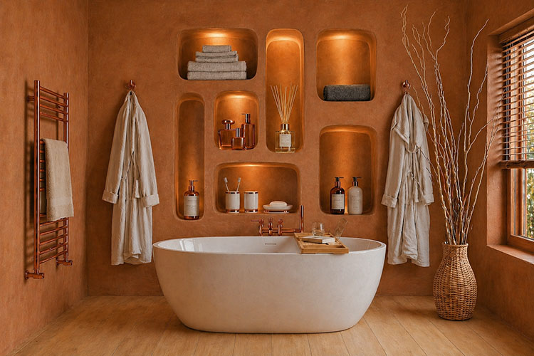 Bagno naturale in terra cruda, rovere e rame