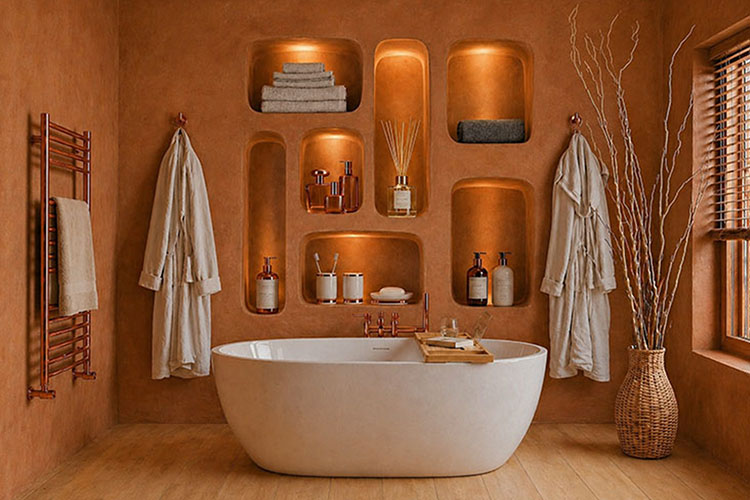 Bagno naturale in microcemento, rovere e rame