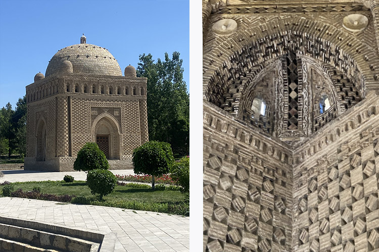 Mausoleo dei Samanidi a Bukhara, edificio del IX-X secolo caratterizzato da una struttura cubica sormontata da una cupola e da una straordinaria decorazione realizzata con mattoni a vista.